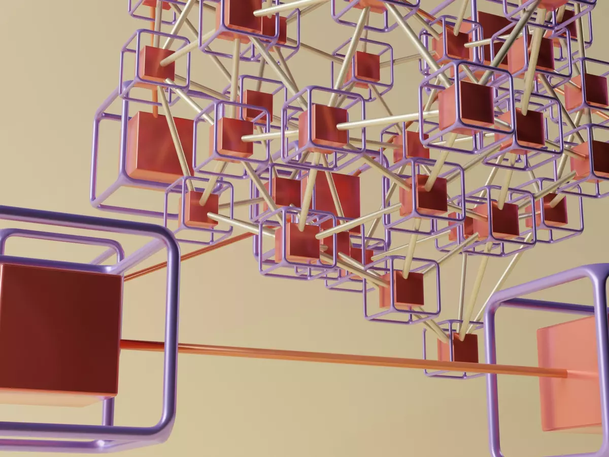 Abstract 3D rendering of interconnected cubes, symbolizing the network of blockchain nodes.