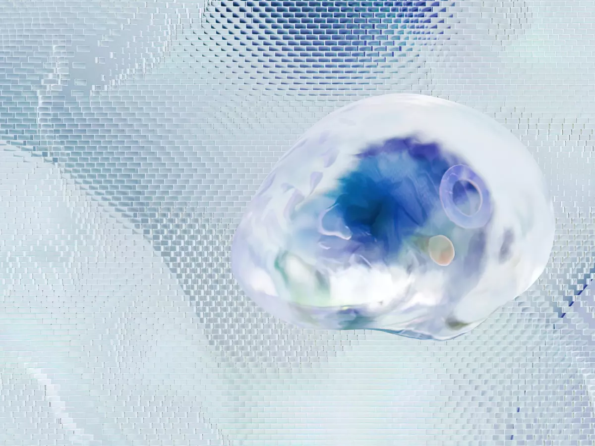 A close-up image of a small, translucent sphere with a swirling pattern of blue, green, and white, seemingly trapped within a net-like structure.