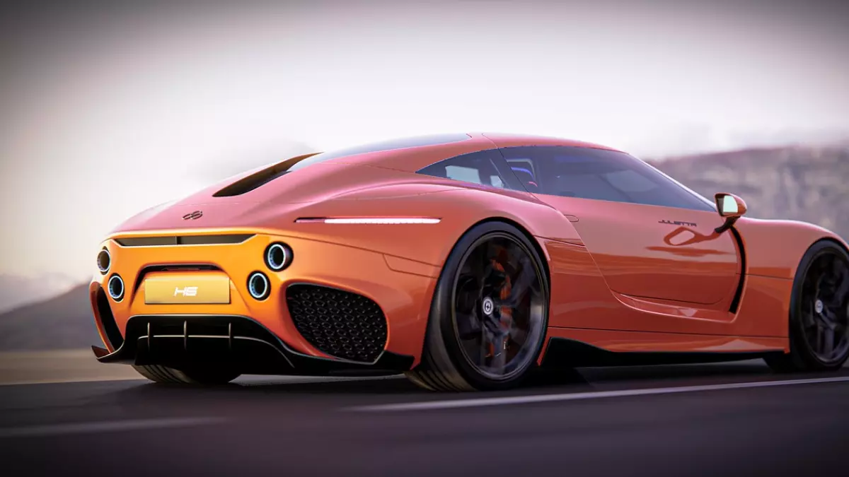 A rear view of an orange electric sports car with black rims and a large diffuser.