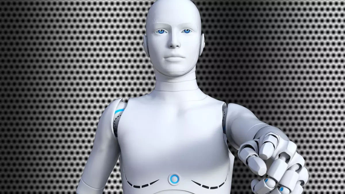 A humanoid robot with a neutral expression points towards the viewer.