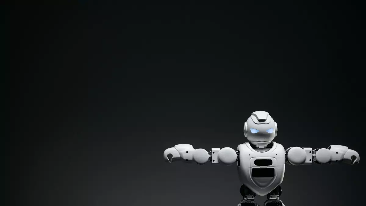 A white humanoid robot with outstretched arms against a black background. The robot